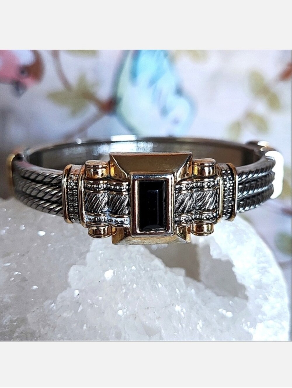 Twisted Cable Clamper Bangle Bracelet Silver Gold Tone Black Baguette Stone EUC